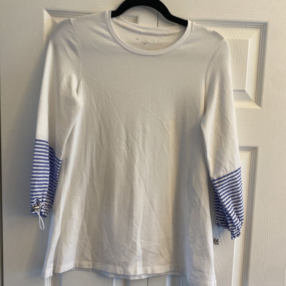 E.L.I. Striped Toggle Sleeve Tunic Top Womens Size XS White Blue‎ Pima Cotton XS